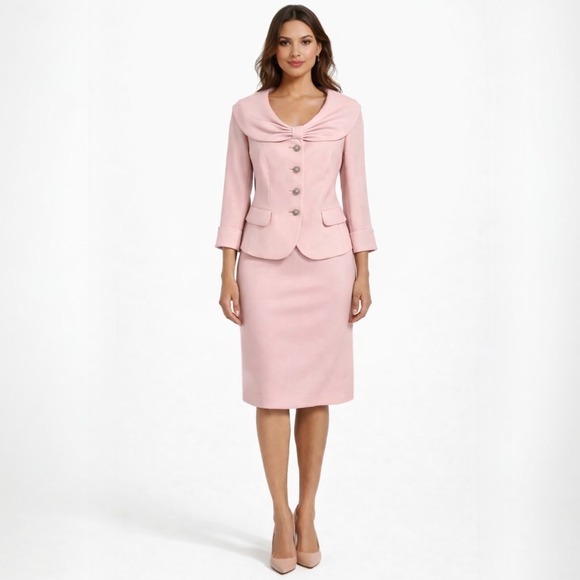 Tahari Dresses & Skirts - NWT Tahari ASL Pink Skirt Suit Size 6 4 Bow Collar Jacket Spring Pastel 2 Pc Set